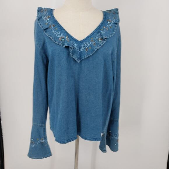 Tantrums Boho Embroidered Denim Shirt Bell Sleeves Pullover L 100% Cotton India - Picture 1 of 9